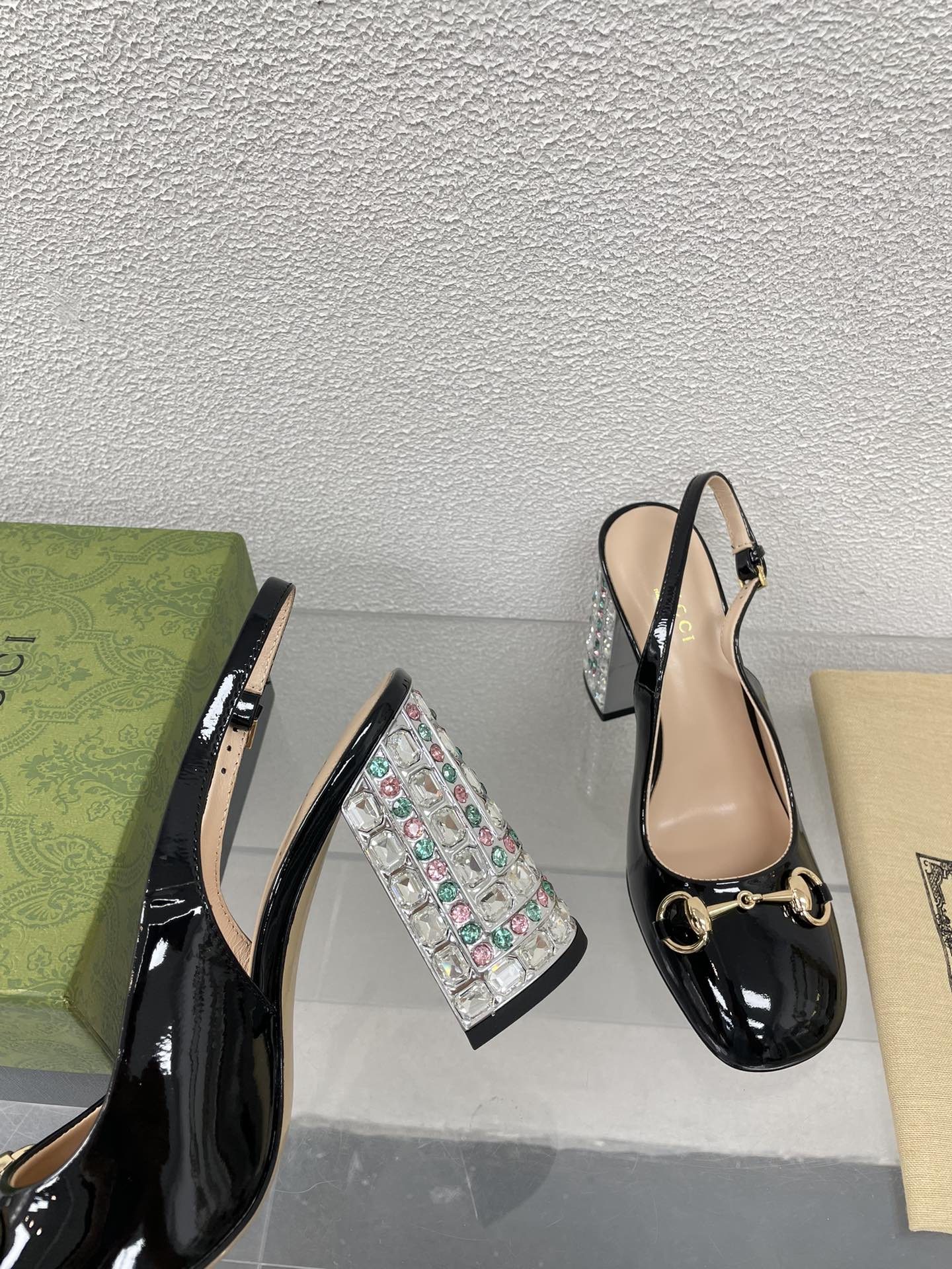 GUCCI WOMEN'S HORSEBIT SLINGBACK 95MM IN BLACK CALFSKIN WITH RHINSTONES