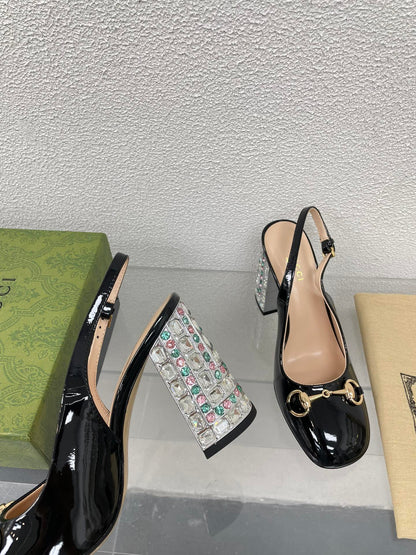 GUCCI WOMEN'S HORSEBIT SLINGBACK 95MM IN BLACK CALFSKIN WITH RHINSTONES