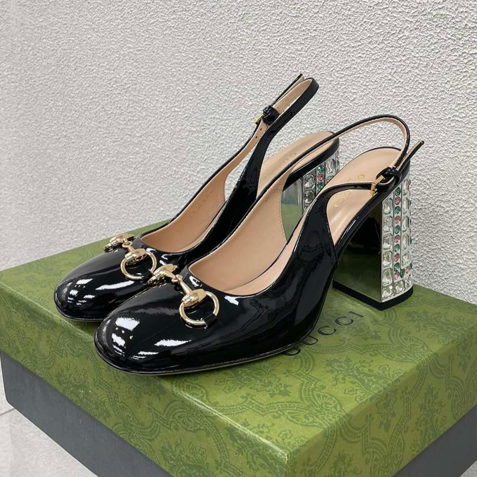 GUCCI WOMEN'S HORSEBIT SLINGBACK 95MM IN BLACK CALFSKIN WITH RHINSTONES