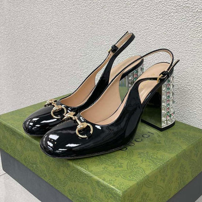 GUCCI WOMEN'S HORSEBIT SLINGBACK 95MM IN BLACK CALFSKIN WITH RHINSTONES