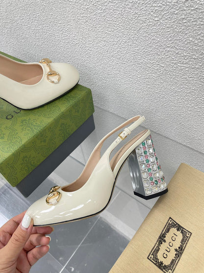GUCCI WOMEN'S HORSEBIT SLINGBACK 95MM IN WHITE CALFSKIN WITH RHINSTONES
