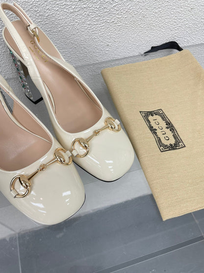GUCCI WOMEN'S HORSEBIT SLINGBACK 95MM IN WHITE CALFSKIN WITH RHINSTONES