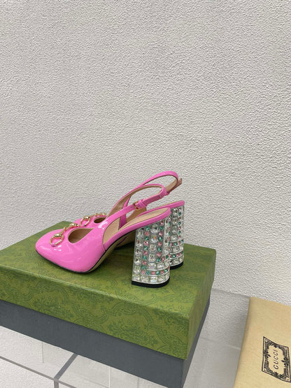 GUCCI WOMEN'S HORSEBIT SLINGBACK 95MM IN FUSICA PINK CALFSKIN WITH RHINSTONES