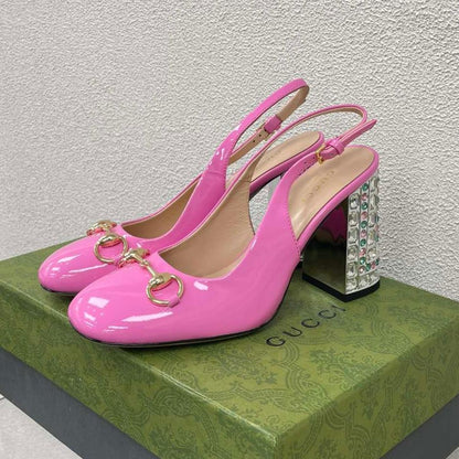GUCCI WOMEN'S HORSEBIT SLINGBACK 95MM IN FUSICA PINK CALFSKIN WITH RHINSTONES