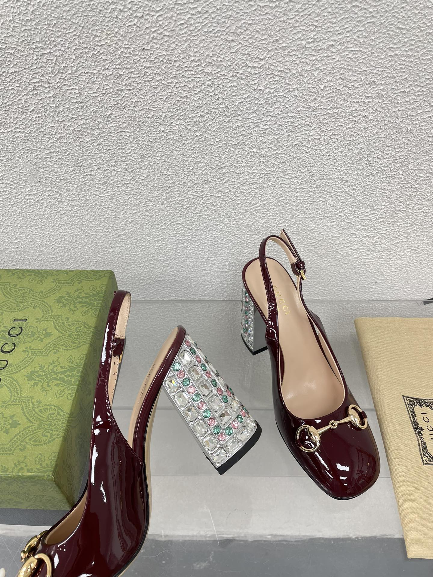 GUCCI WOMEN'S HORSEBIT SLINGBACK 95MM IN WINE RED CALFSKIN WITH RHINSTONES