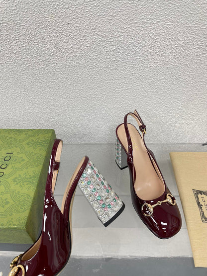 GUCCI WOMEN'S HORSEBIT SLINGBACK 95MM IN WINE RED CALFSKIN WITH RHINSTONES