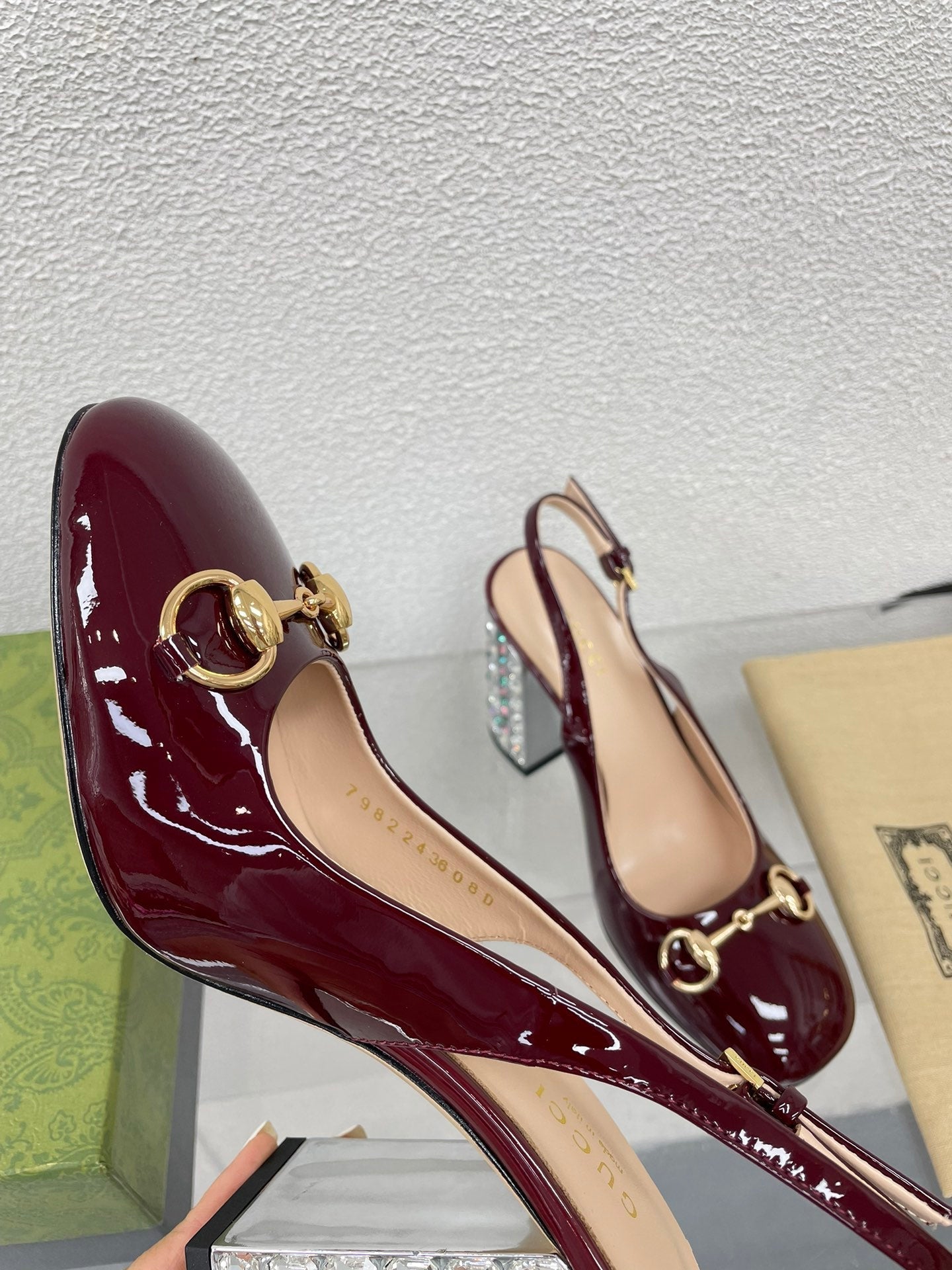 GUCCI WOMEN'S HORSEBIT SLINGBACK 95MM IN WINE RED CALFSKIN WITH RHINSTONES