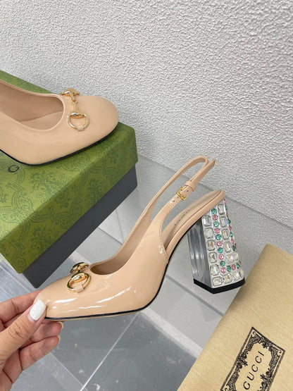 GUCCI WOMEN'S HORSEBIT SLINGBACK 95MM IN TAN BEIGE CALFSKIN WITH RHINSTONES