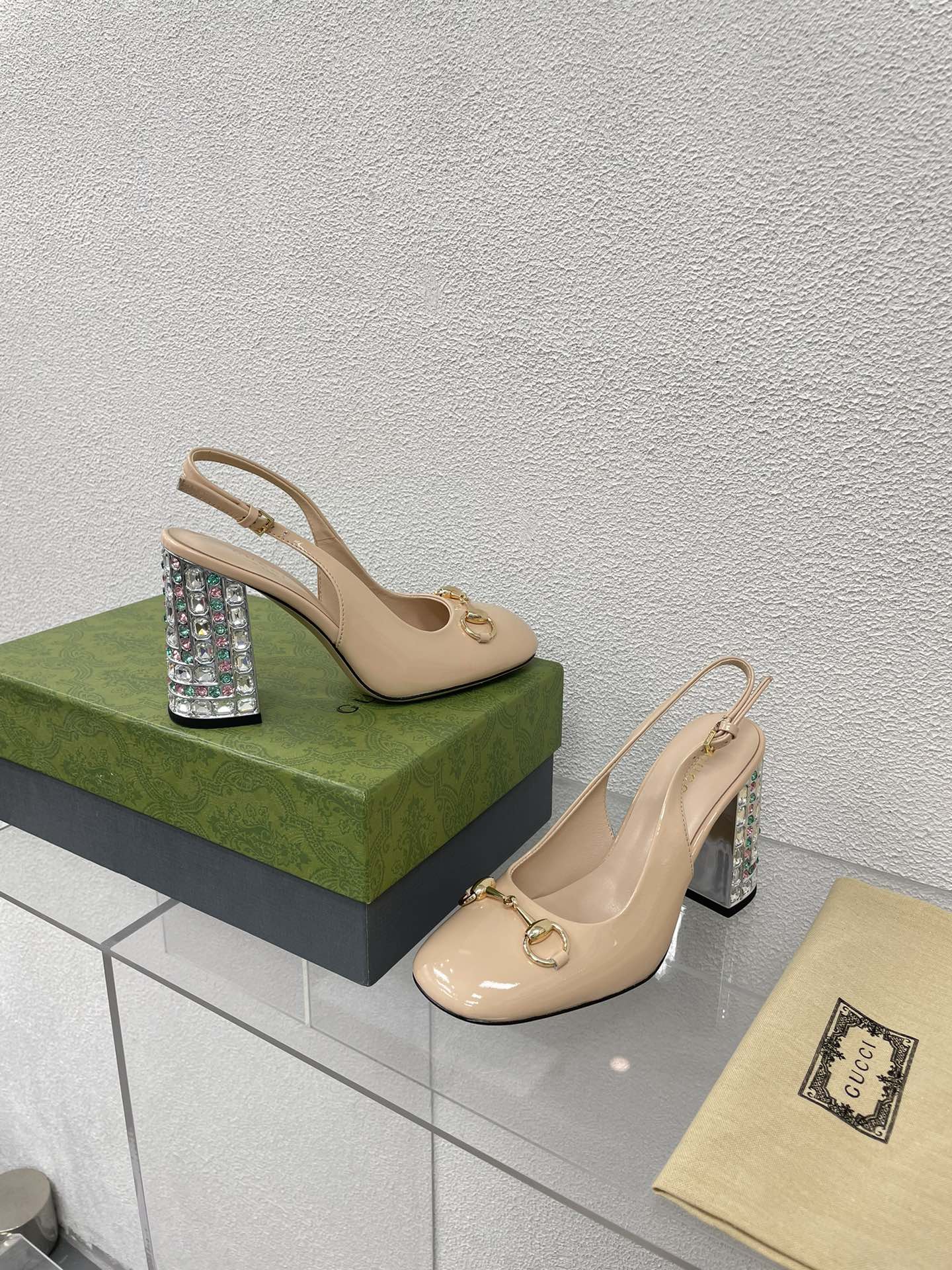 GUCCI WOMEN'S HORSEBIT SLINGBACK 95MM IN TAN BEIGE CALFSKIN WITH RHINSTONES