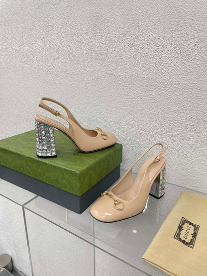GUCCI WOMEN'S HORSEBIT SLINGBACK 95MM IN TAN BEIGE CALFSKIN WITH RHINSTONES
