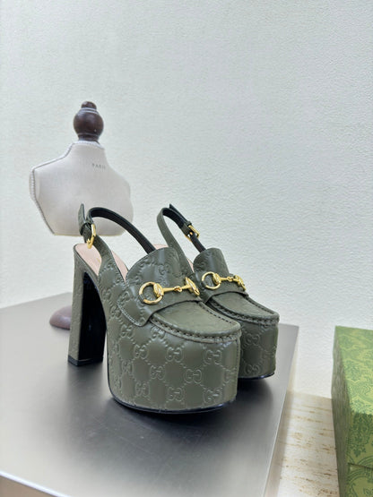 GUCCI WOMEN'S HORSEBIT PLATFORM LOAFER SLINGBACK IN UNIFORM GREEN EMBOSSED CALFSKIN