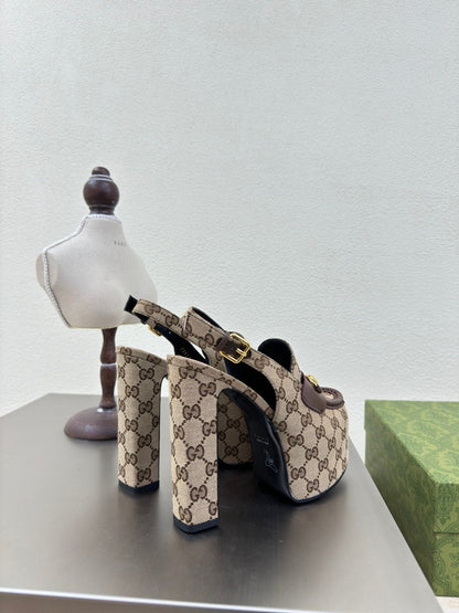 GUCCI WOMEN'S HORSEBIT PLATFORM LOAFER SLINGBACK IN TAN BEIGE CANVAS