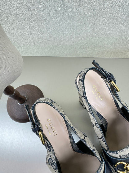 GUCCI WOMEN'S HORSEBIT PLATFORM LOAFER SLINGBACK IN BEIGE AND BLUE CANVAS