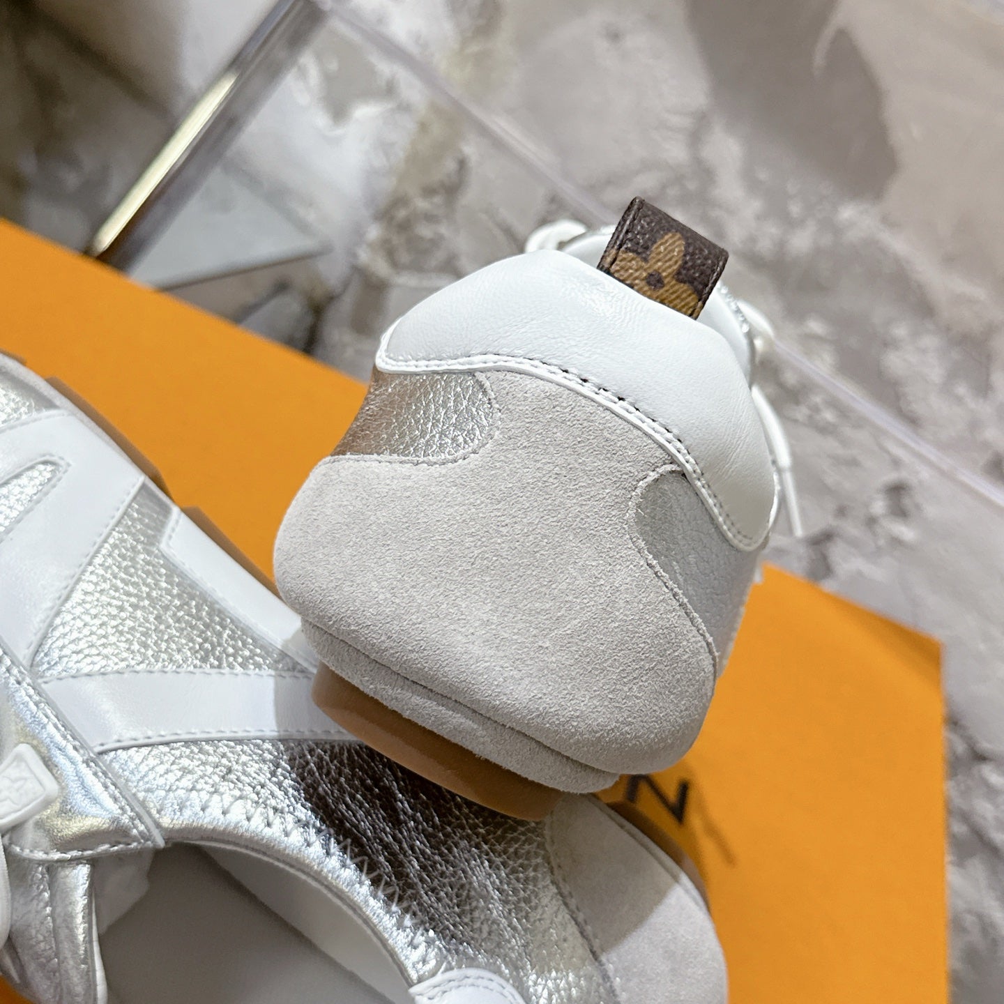 LOUIS VUITTON SNEAKERINA TRAINERS IN SILVER-TONE CALFSKIN AND SUEDE