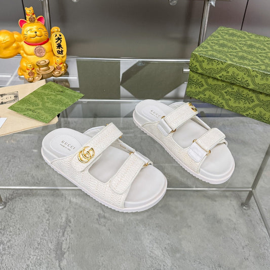 GUCCI SANDALS IN WHITE FABRIC AND CALFSKIN WITH GOLD HARDWARE