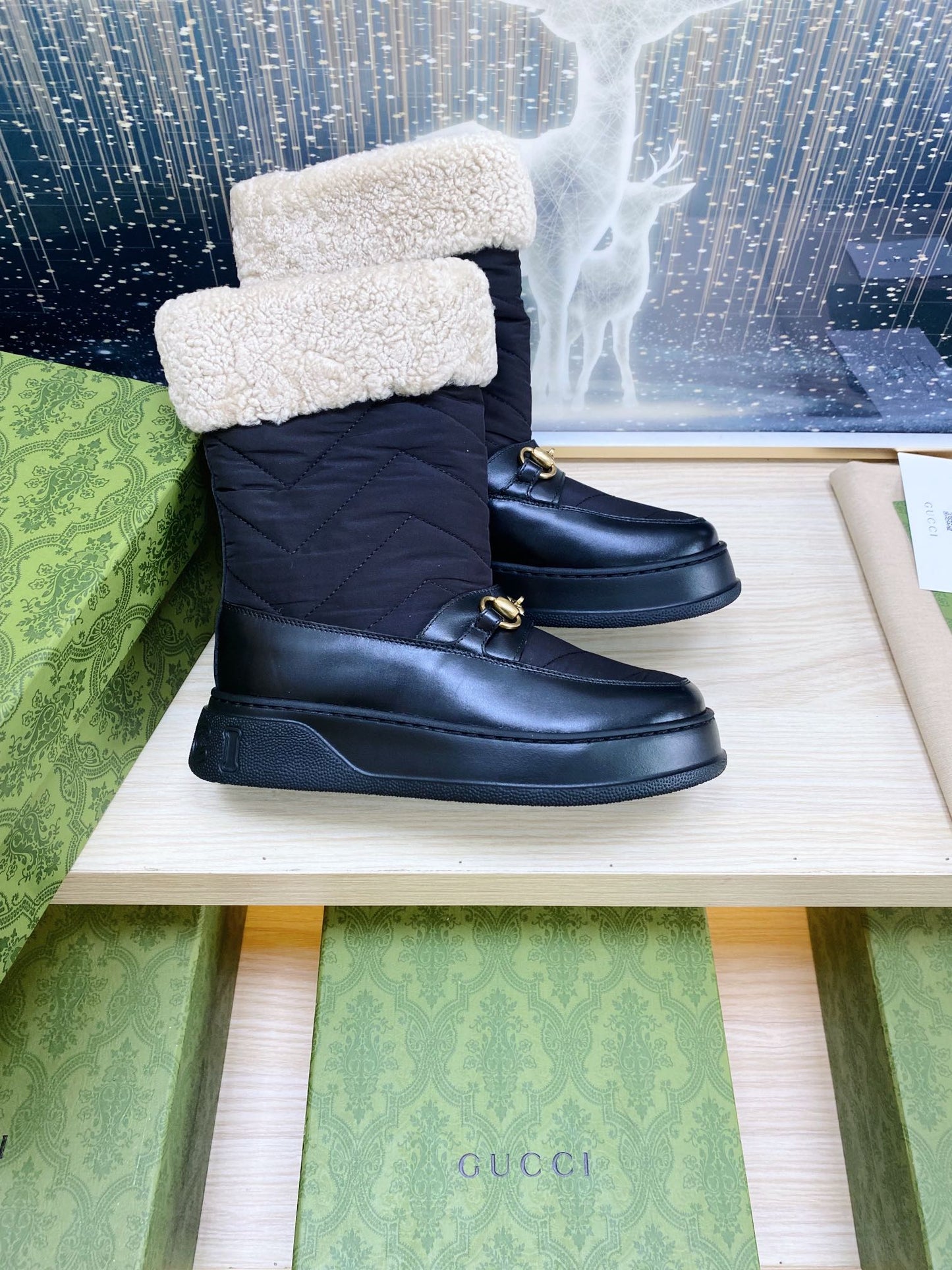 GUCCI HORSEBIT ANKLE BOOTS WITH MERINO TRIM IN BLACK NYLON MIX CALFSKIN