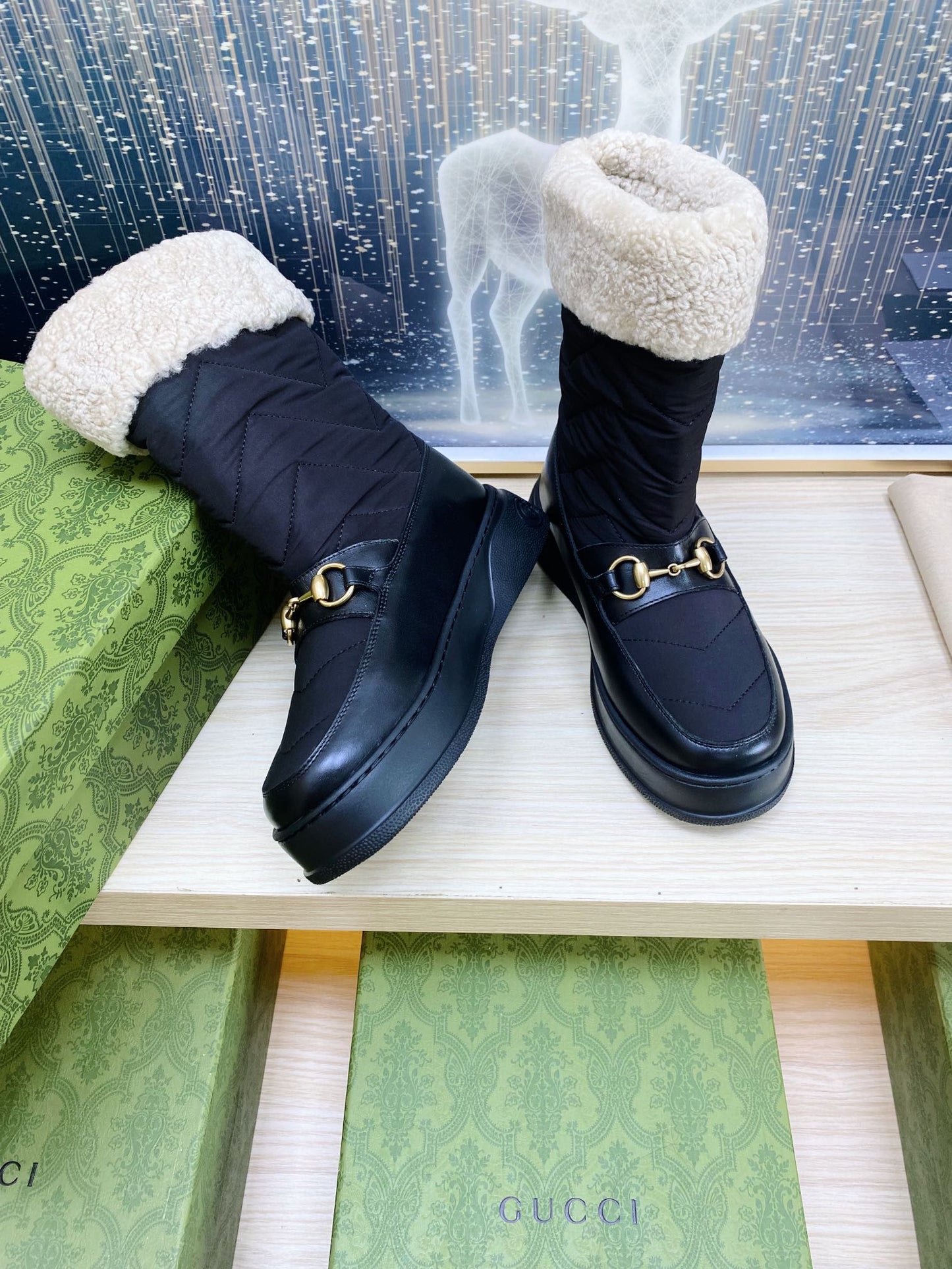 GUCCI HORSEBIT ANKLE BOOTS WITH MERINO TRIM IN BLACK NYLON MIX CALFSKIN