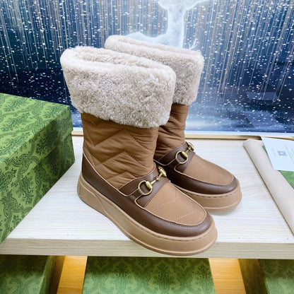 GUCCI HORSEBIT ANKLE BOOTS WITH MERINO TRIM IN BROWN NYLON MIX CALFSKIN