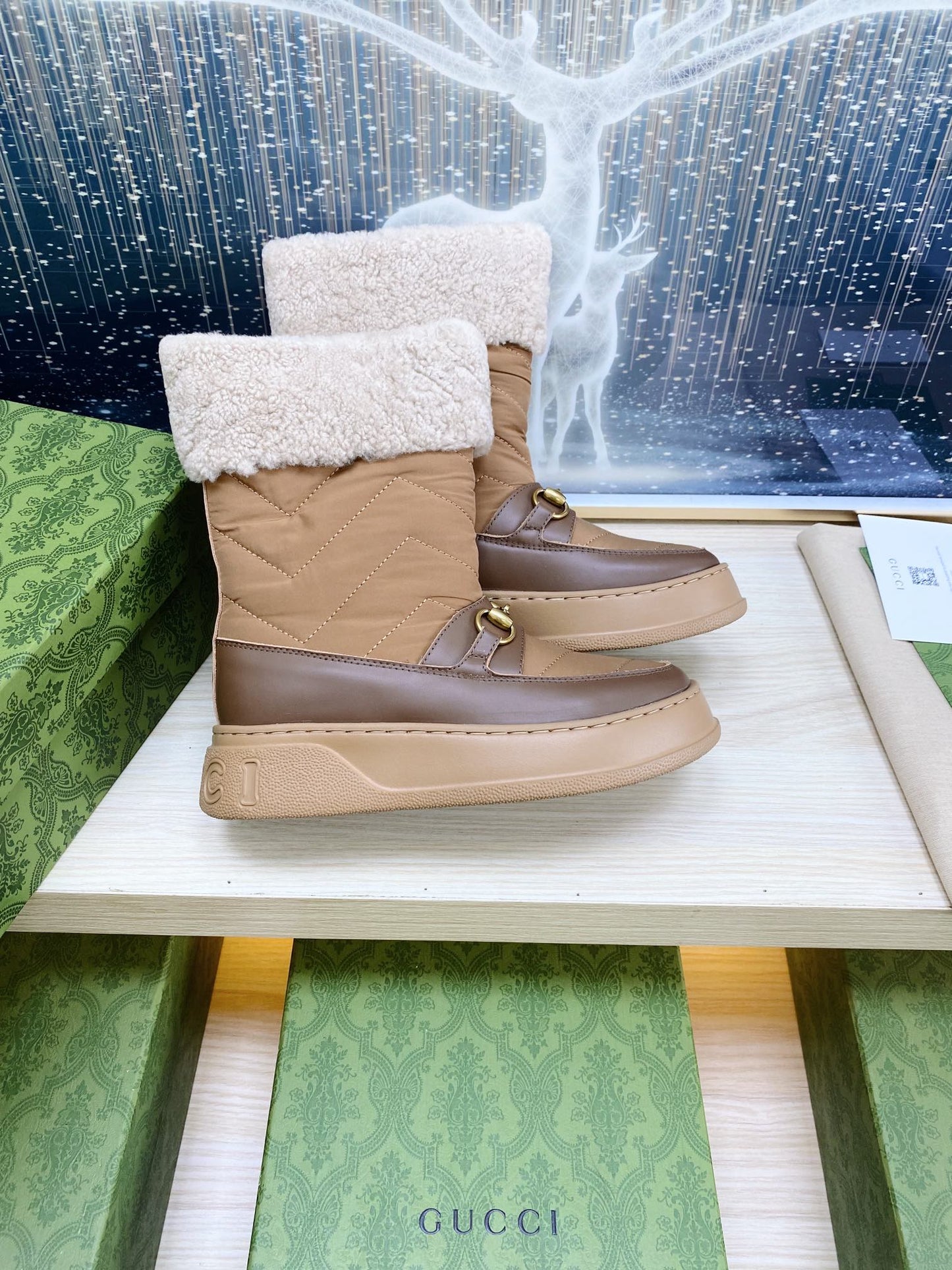 GUCCI HORSEBIT ANKLE BOOTS WITH MERINO TRIM IN BROWN NYLON MIX CALFSKIN