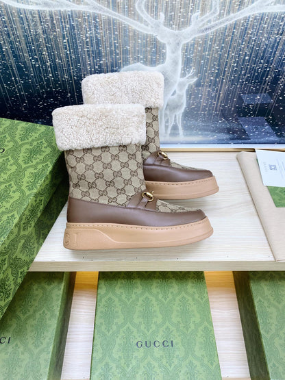 GUCCI HORSEBIT ANKLE BOOTS WITH MERINO TRIM IN BEIGE JACQUARD FABRIC MIX BROWN CALFSKIN