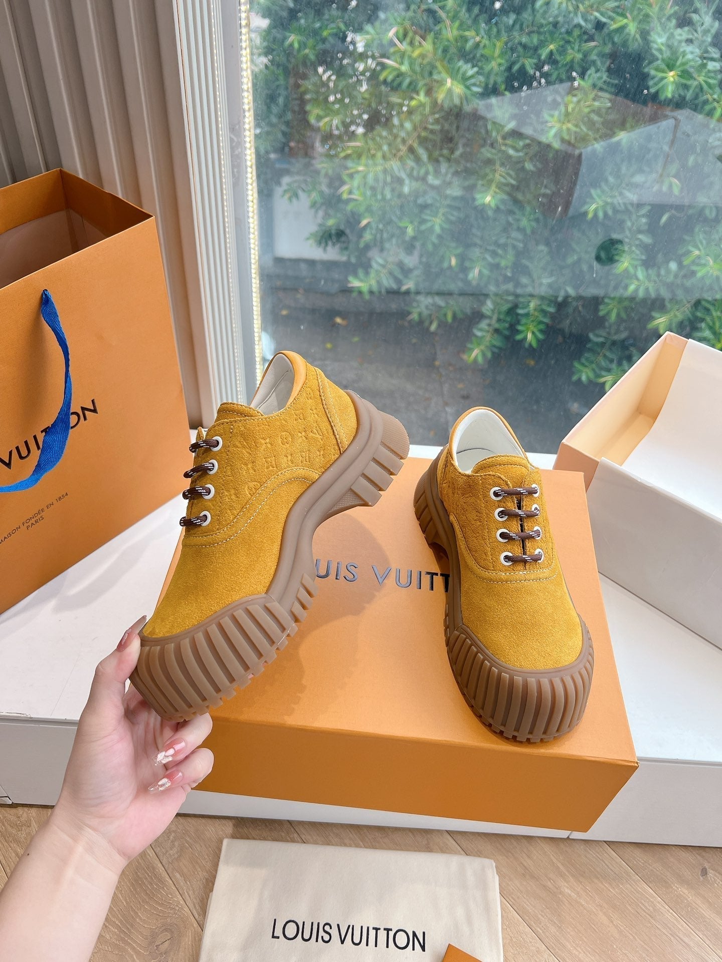 LOUIS VUITTON LV ARCHLIGHT SKATE SNEAKER IN HARVEST GOLD EMBOSSED SUEDE