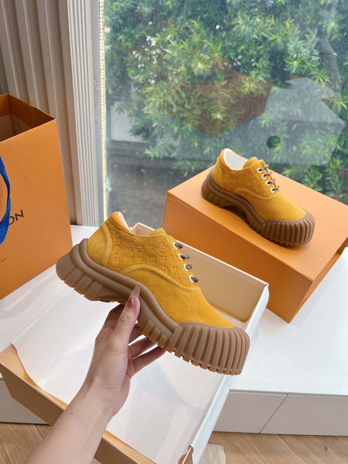 LOUIS VUITTON LV ARCHLIGHT SKATE SNEAKER IN HARVEST GOLD EMBOSSED SUEDE