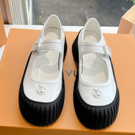 LOUIS VUITTON RUBY FLAT MARY JANE IN WHITE PATENT CALFSKIN