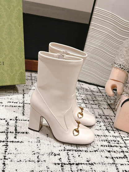 GUCCI HORSEBIT ANKLE BOOTS 9.5CM IN WHITE SHEEPSKIN