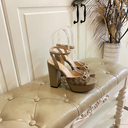 GUCCI HORSEBIT PLATFORM SANDAL IN KHAKI BEIGE MONOGRAM CANVAS AND SHEEPSKIN LINING