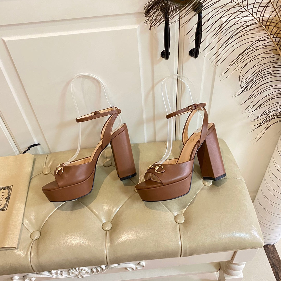 GUCCI HORSEBIT PLATFORM SANDAL IN PENNY BROWN SHEEPSKIN