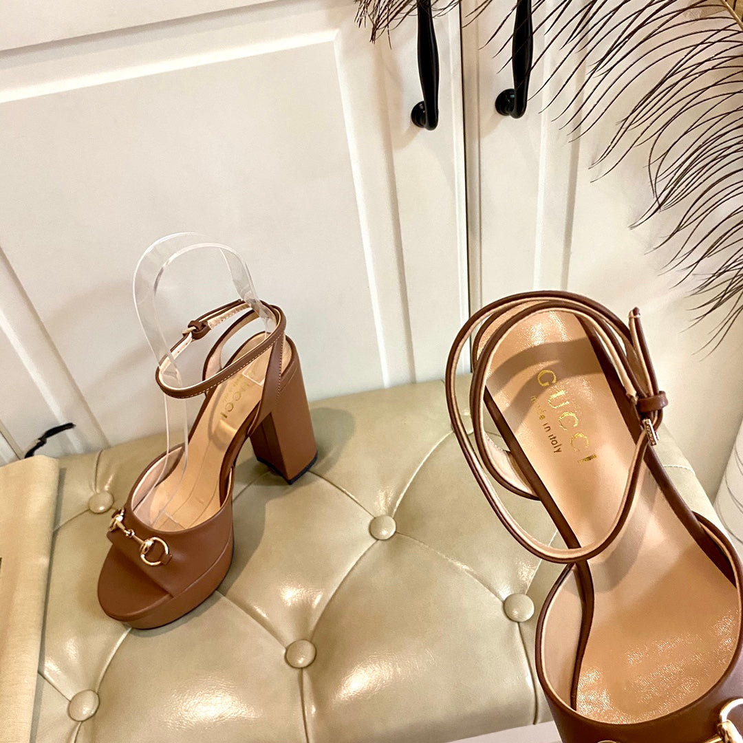 GUCCI HORSEBIT PLATFORM SANDAL IN PENNY BROWN SHEEPSKIN