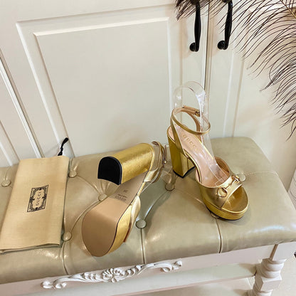 GUCCI HORSEBIT PLATFORM SANDAL IN GOLD YELLOW SHEEPSKIN