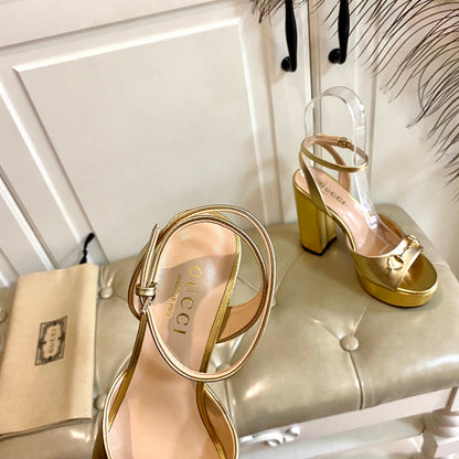 GUCCI HORSEBIT PLATFORM SANDAL IN GOLD YELLOW SHEEPSKIN