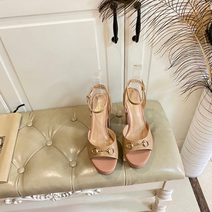GUCCI HORSEBIT PLATFORM SANDAL IN WHEAT BEIGE MIX LIGHT PINK SHEEPSKIN