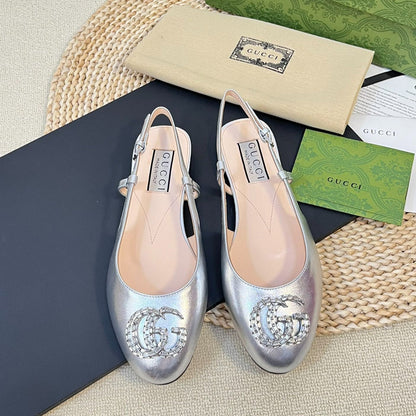 GUCCI Double G patent leather slingback ballet flats Sliver