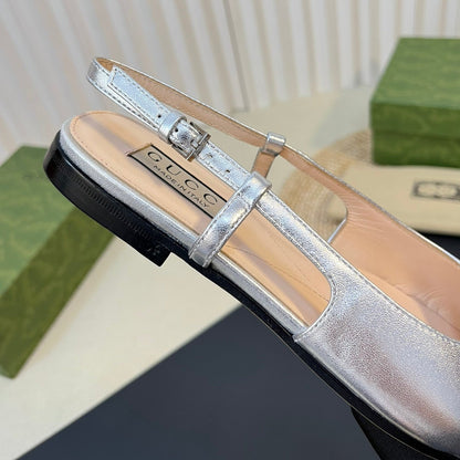 GUCCI Double G patent leather slingback ballet flats Sliver