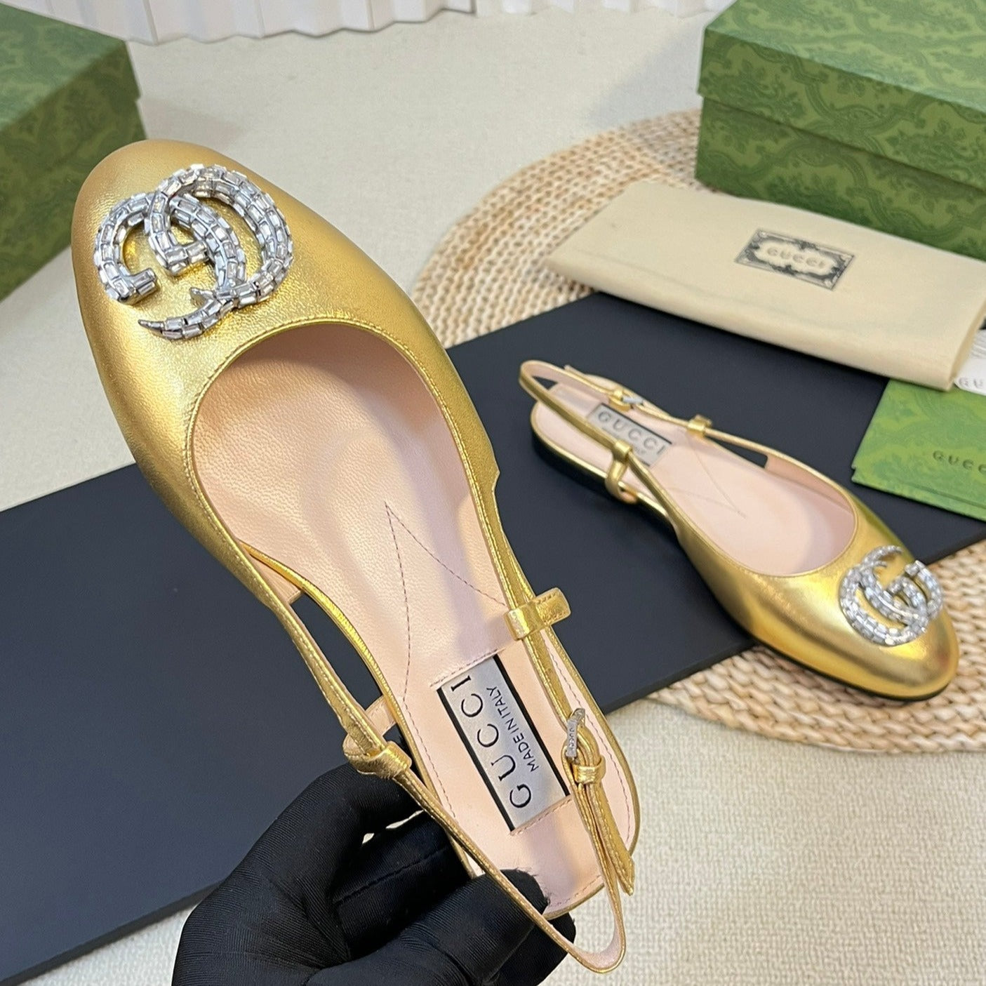 GUCCI Double G patent leather slingback ballet flats Gold