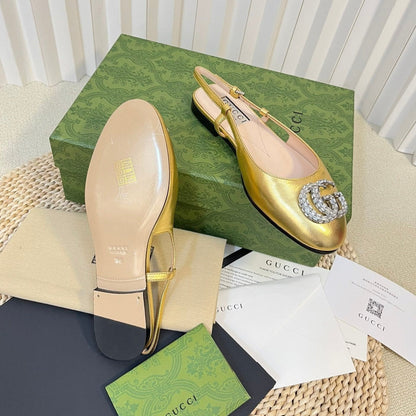 GUCCI Double G patent leather slingback ballet flats Gold