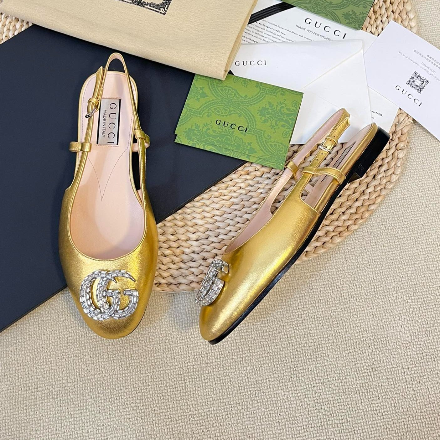 GUCCI Double G patent leather slingback ballet flats Gold