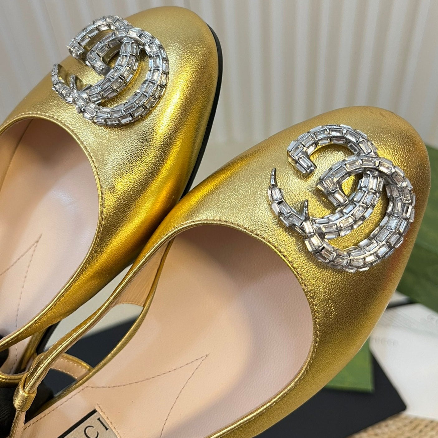 GUCCI Double G patent leather slingback ballet flats Gold