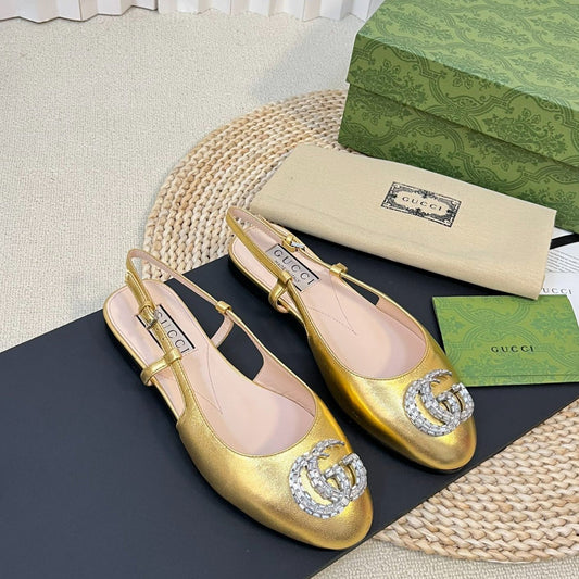 GUCCI Double G patent leather slingback ballet flats Gold