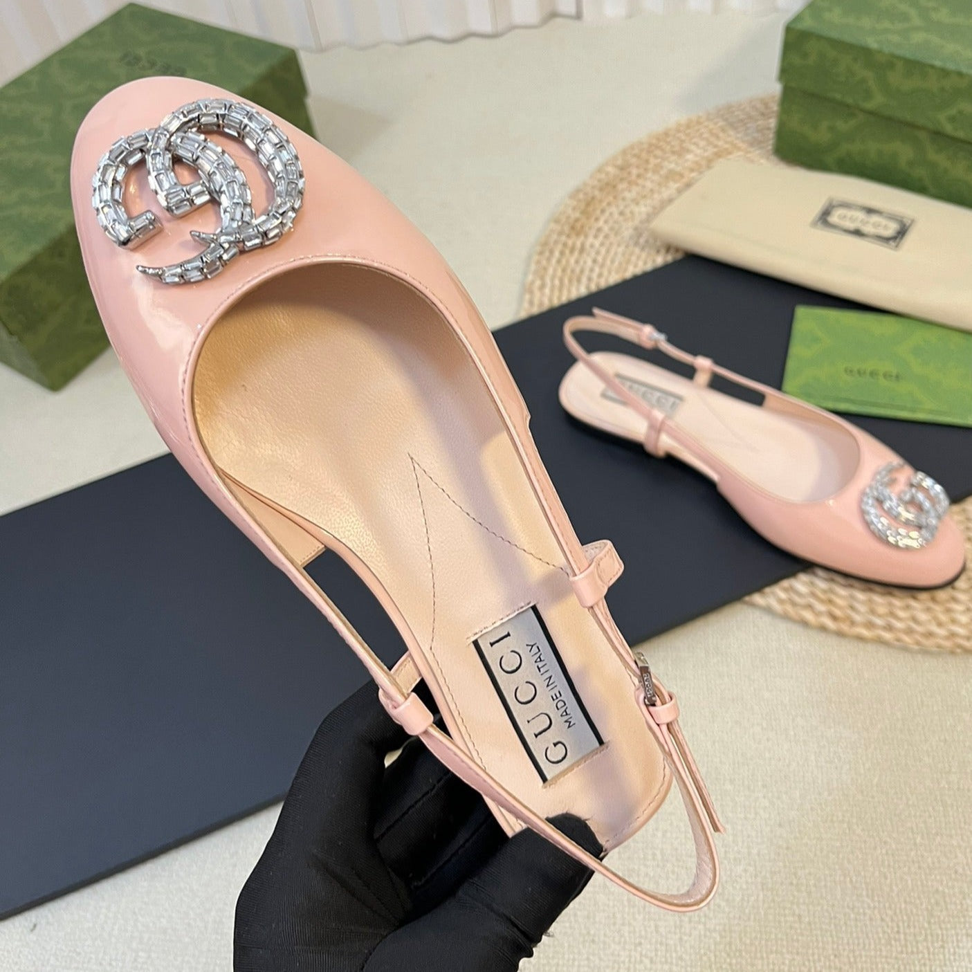 GUCCI Double G patent leather slingback ballet flats Glossy Rose Pink