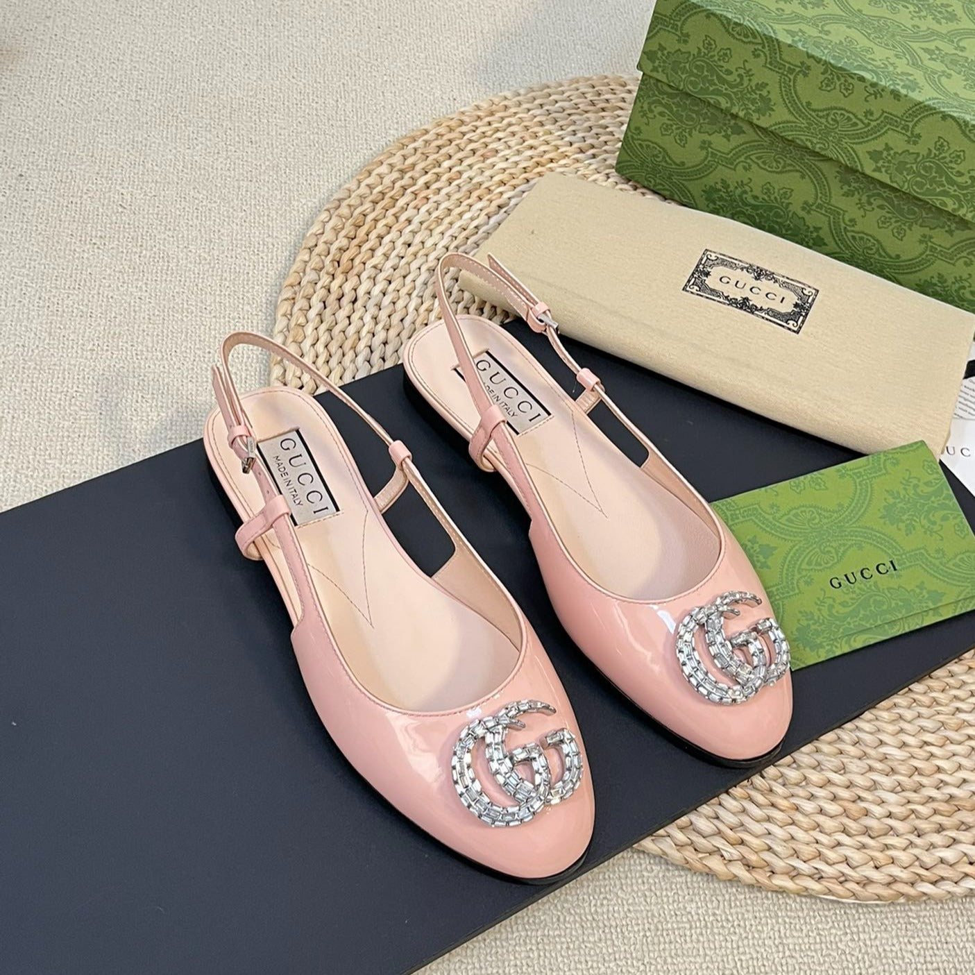 GUCCI Double G patent leather slingback ballet flats Glossy Rose Pink