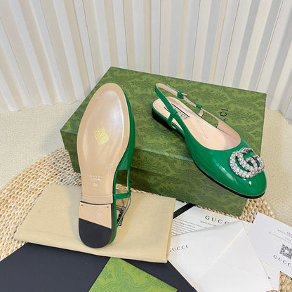 GUCCI Double G patent leather slingback ballet flats Glossy Forest Green
