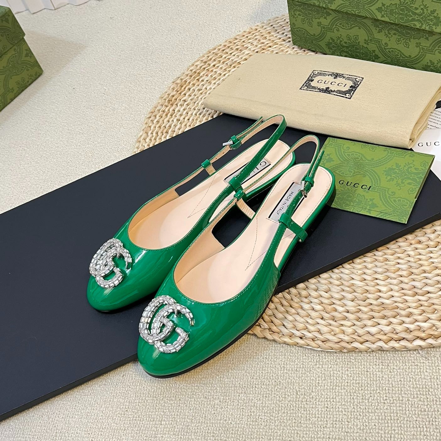 GUCCI Double G patent leather slingback ballet flats Glossy Forest Green