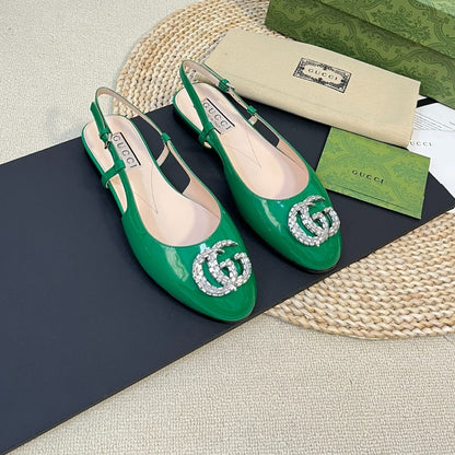 GUCCI Double G patent leather slingback ballet flats Glossy Forest Green