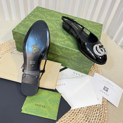 GUCCI Double G patent leather slingback ballet flats Glossy Black