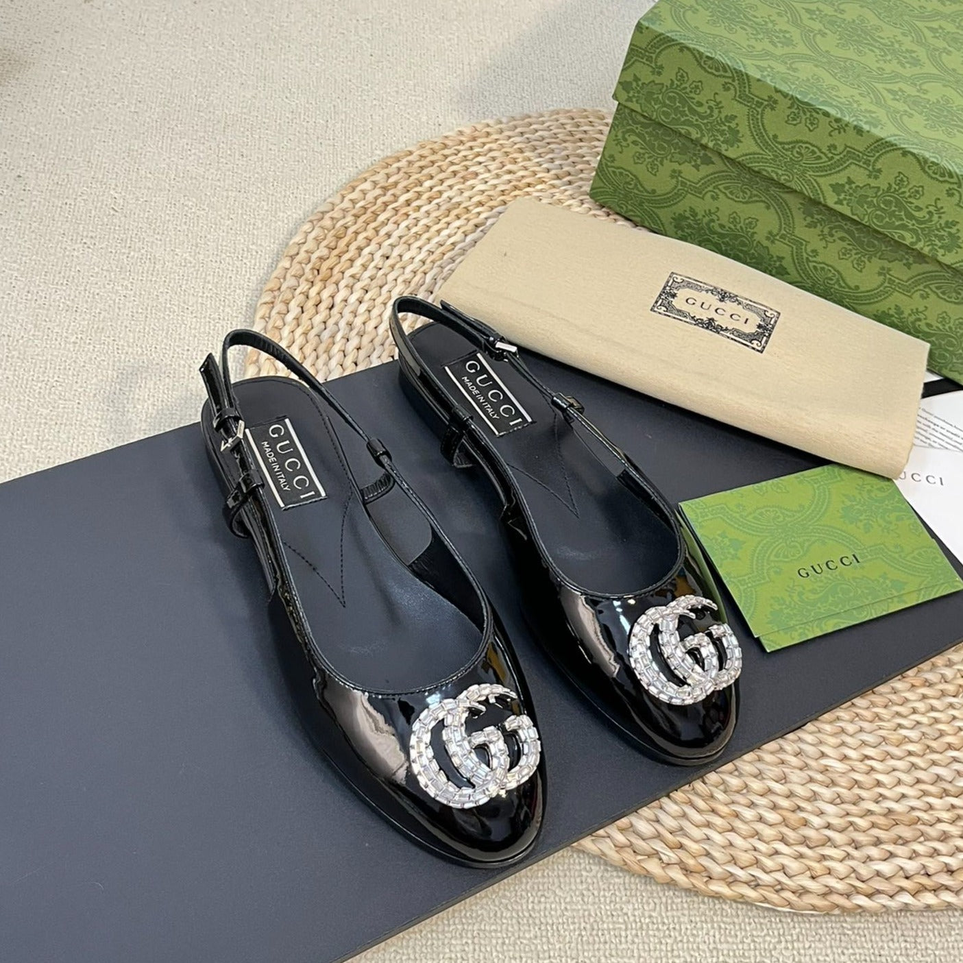 GUCCI Double G patent leather slingback ballet flats Glossy Black