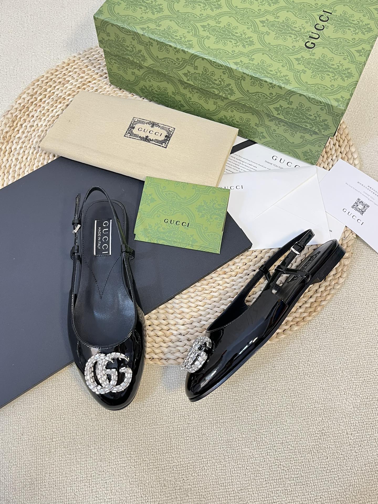GUCCI Double G patent leather slingback ballet flats Glossy Black