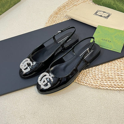 GUCCI Double G patent leather slingback ballet flats Glossy Black